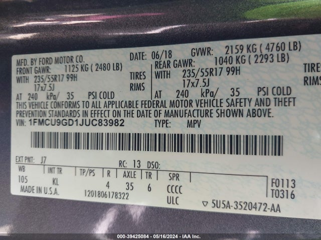 Ford ESCAPE SE 2018 1FMCU9GD1JUC83982 Image 9
