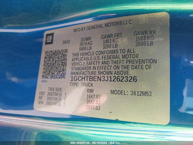 Chevrolet Colorado Wt 2018 1GCHTBEN3J1262326 Image 9