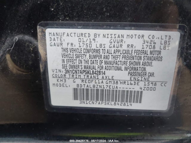 Nissan Versa 1.6 Sv 2019 3N1CN7AP5KL842814 Image 9