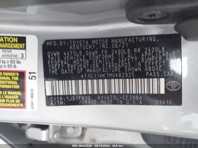Toyota CAMRY LE 2021 4T1C11AK1MU482925 Image 9