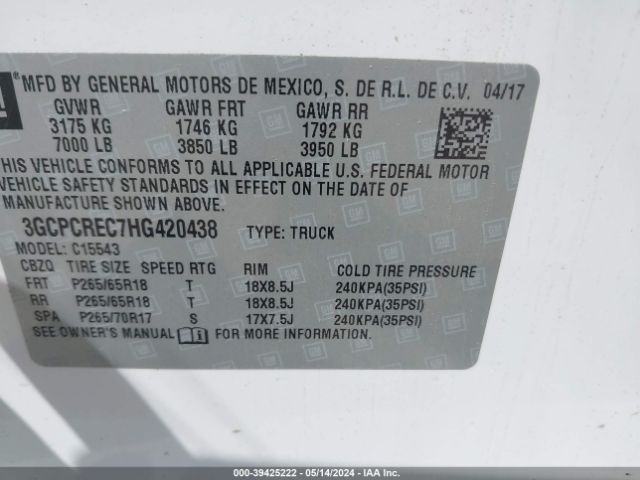3GCPCREC7HG420438 Chevrolet Silverado 1500 1lt