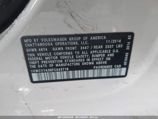 1VWCV7A38FC043716 Volkswagen Passat 2.0l Tdi Sel Premium