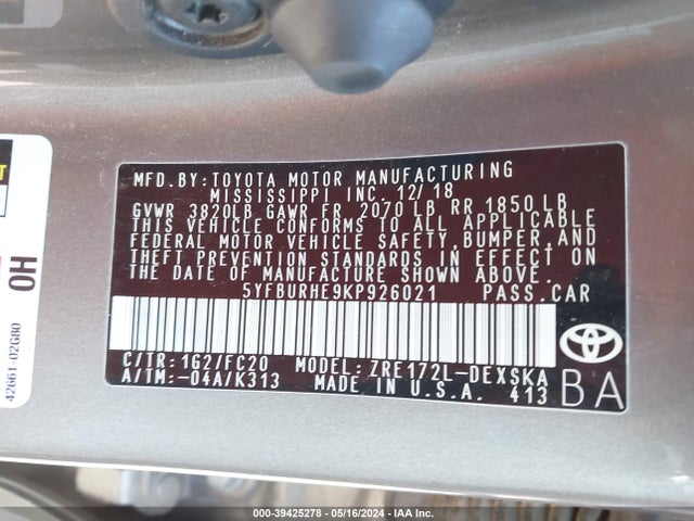Toyota COROLLA SE 2019 5YFBURHE9KP926021 Image 9