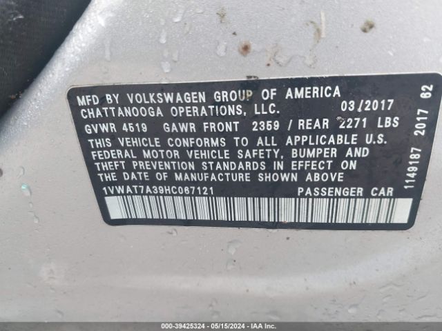1VWAT7A39HC067121 Volkswagen Passat 1.8t S