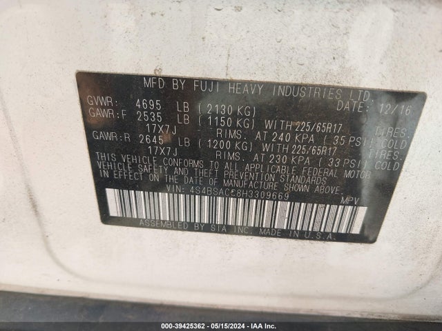 Subaru Outback 2.5i Premium 2017 4S4BSACC8H3309669 Image 9