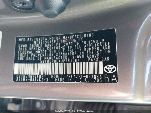 5YFBURHEXJP764267 Toyota Corolla Xle