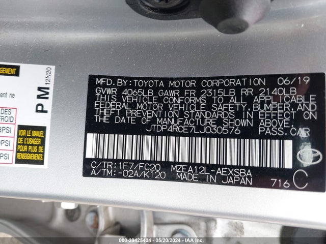 Toyota COROLLA SE 2020 JTDP4RCE7LJ030576 Image 9