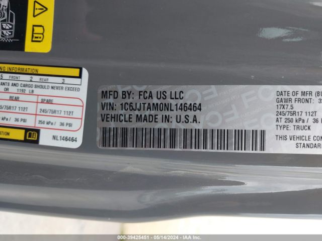 1C6JJTAM0NL146464 Jeep Gladiator Sport S 4x4