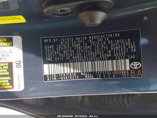 Toyota COROLLA LE 2016 5YFBURHE5GP565779 Image 9