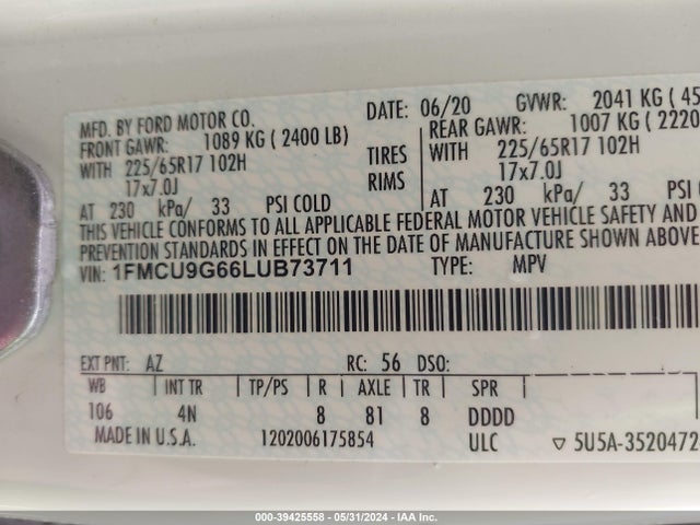 Ford ESCAPE SE 2020 1FMCU9G66LUB73711 Image 9