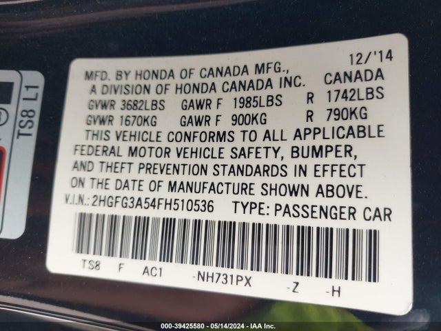 Honda Civic Lx 2015 2HGFG3A54FH510536 Image 9