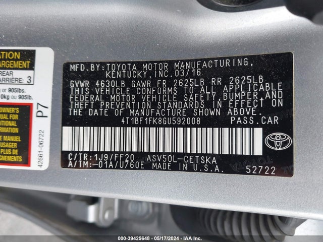 Toyota CAMRY SE 2016 4T1BF1FK8GU592008 Image 9