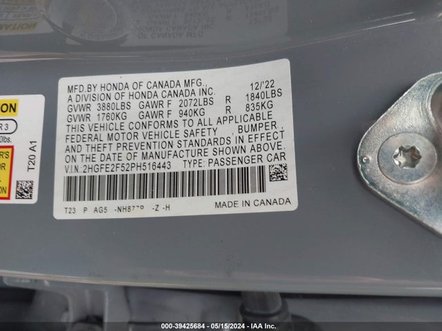 Honda Civic Sport 2023 2HGFE2F52PH516443 Image 9