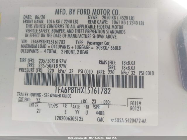 1FA6P8THXL5161782 Ford Mustang Ecoboost Fastback