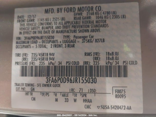 Ford Fusion Titanium 2018 3FA6P0D96JR155030 Image 9