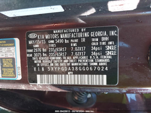 KIA Sorento 2.4l Lx 2016 5XYPGDA38GG067024 Image 9