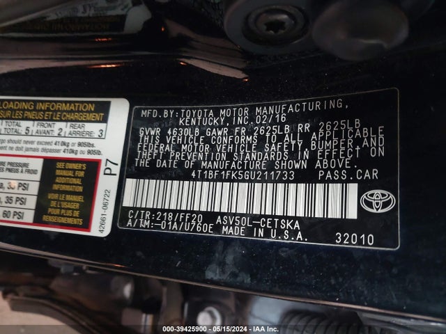 Toyota CAMRY SE 2016 4T1BF1FK5GU211733 Image 9