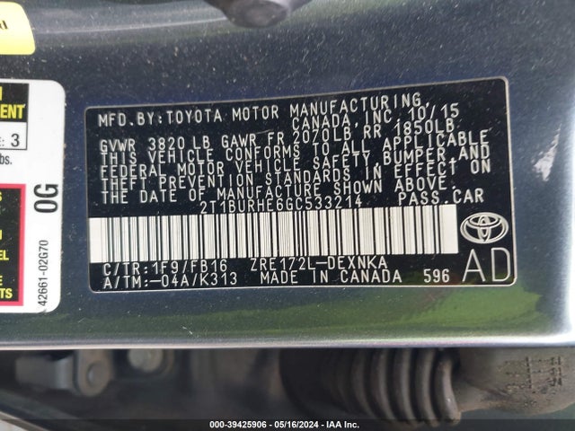 Toyota COROLLA LE 2016 2T1BURHE6GC533214 Image 9