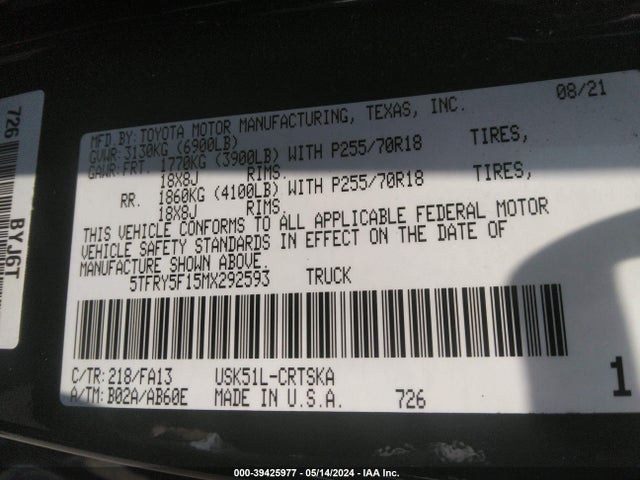 Toyota Tundra Sr 2021 5TFRY5F15MX292593 Image 9