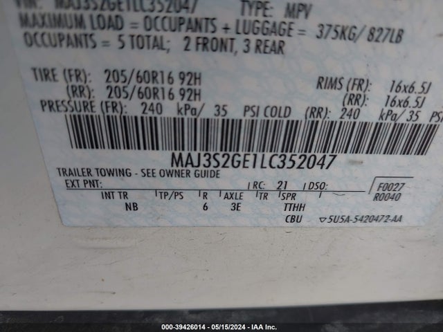 2020 Ford Ecosport Se მანქანა იყიდება აუქციონზე, vin: MAJ3S2GE1LC352047, აუქციონის ნომერი: 39426014