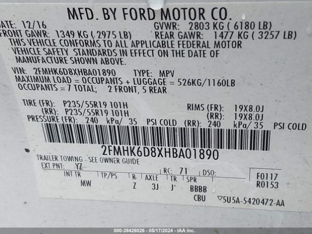 2FMHK6D8XHBA01890 Ford Flex Limited