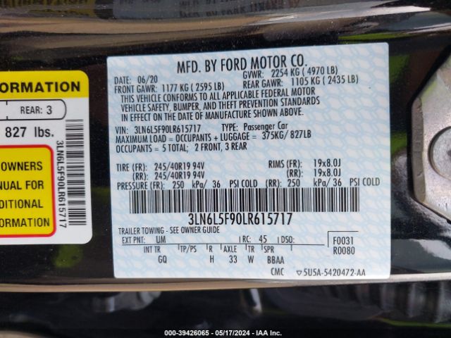 3LN6L5F90LR615717 Lincoln Mkz Reserve
