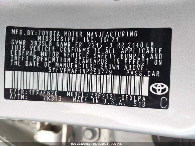 Toyota COROLLA LE 2022 5YFVPMAE1NP290779 Image 9