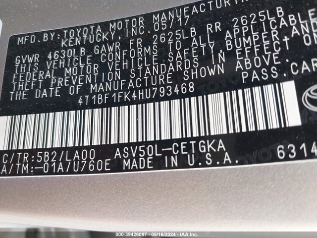 Toyota CAMRY XLE 2017 4T1BF1FK4HU793468 Image 9
