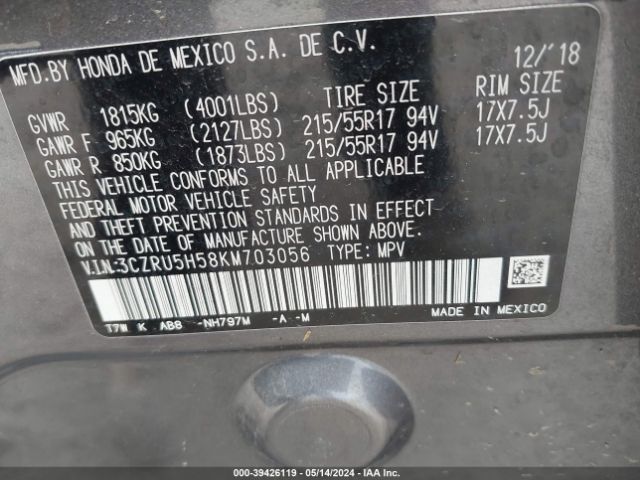 3CZRU5H58KM703056 Honda HR-V EX