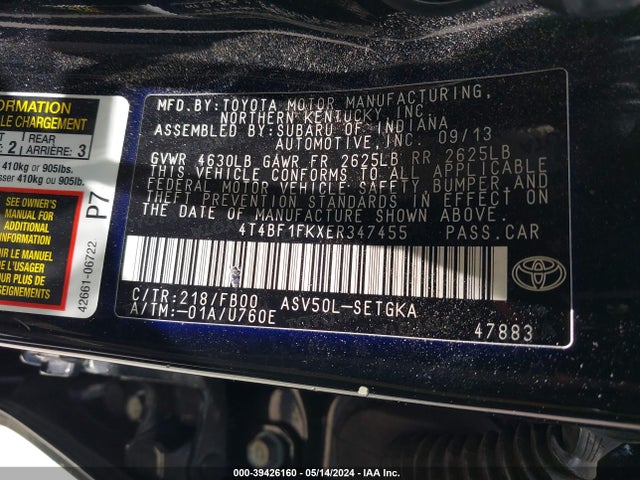Toyota CAMRY XLE 2014 4T4BF1FKXER347455 Image 9