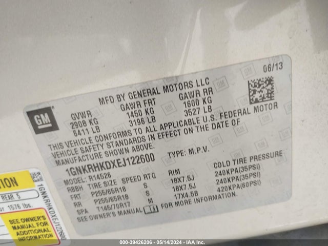 Chevrolet Traverse 2lt 2014 1GNKRHKDXEJ122600 Image 9