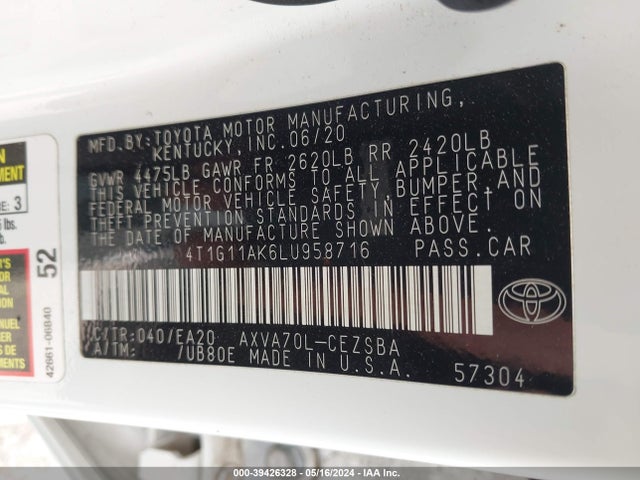 Toyota CAMRY SE 2020 4T1G11AK6LU958716 Image 9