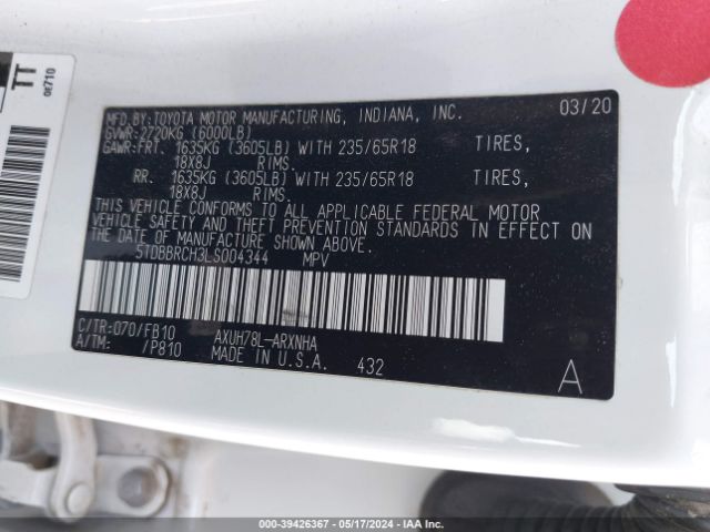 5TDBBRCH3LS004344 Toyota Highlander Hybrid Le