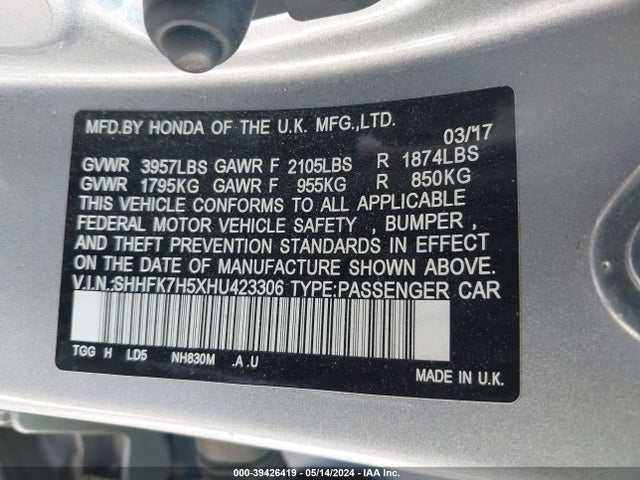 Honda CIVIC EX 2017 SHHFK7H5XHU423306 Image 9