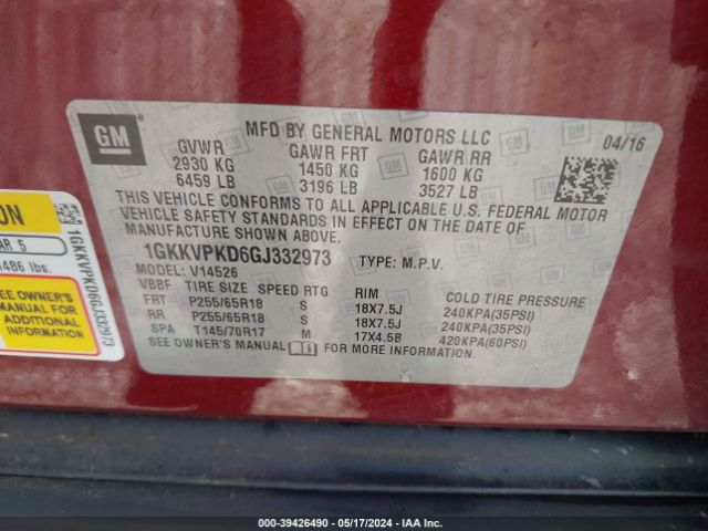 1GKKVPKD6GJ332973 GMC Acadia Sle-2