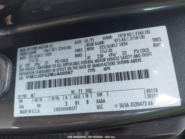 1FMCU0F62MUA00587 Ford ESCAPE S