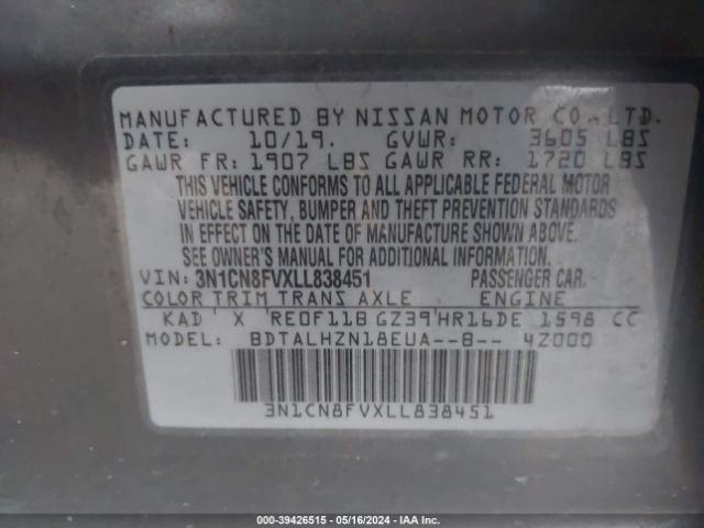 3N1CN8FVXLL838451 Nissan Versa Sr Xtronic Cvt