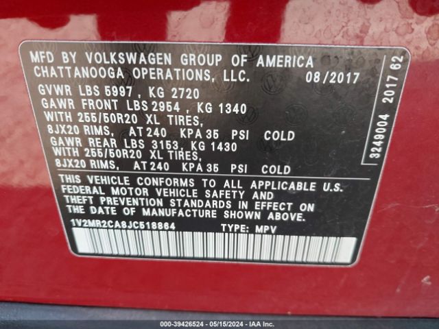 1V2MR2CA8JC518864 Volkswagen Atlas 3.6l V6 Sel