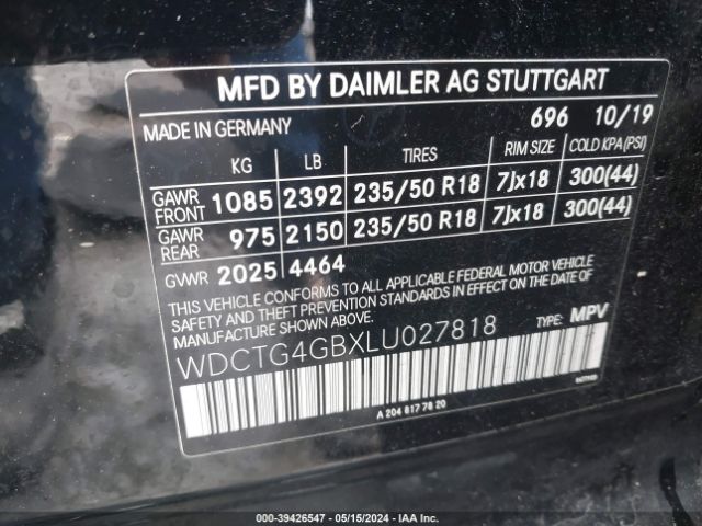 WDCTG4GBXLU027818 Mercedes-Benz Gla 250 4matic
