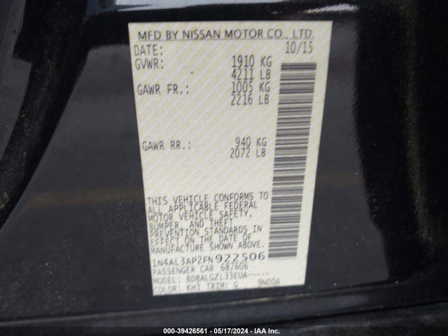 Nissan Altima 2.5 S 2015 1N4AL3AP2FN922506 Image 9