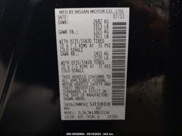 5N1AL0MM5EC503808 Infiniti QX60