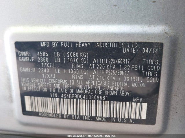 Subaru Outback 2.5i Premium 2014 4S4BRBDC4E3309681 Image 9