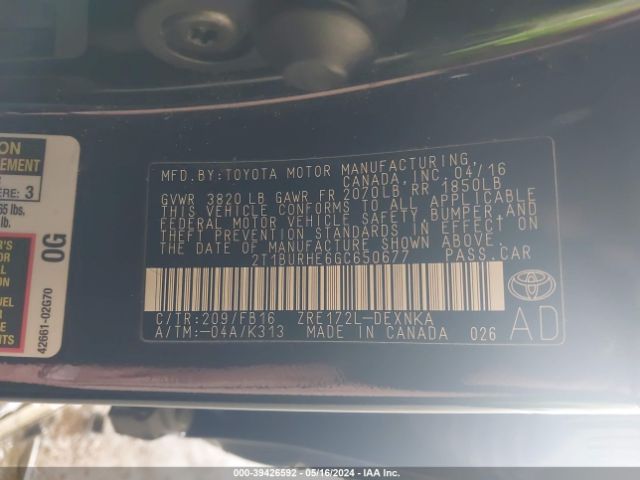 2T1BURHE6GC650677 Toyota Corolla Le Plus