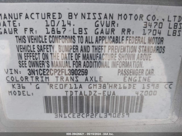 Nissan Versa Note S (sr)/s Plus/sl/sr/sv 2015 3N1CE2CP2FL390259 Image 9