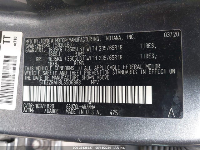 Toyota Highlander Le 2020 5TDZZRAH8LS506988 Image 9