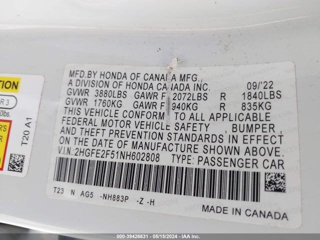 Honda Civic Sport 2022 2HGFE2F51NH602808 Image 9