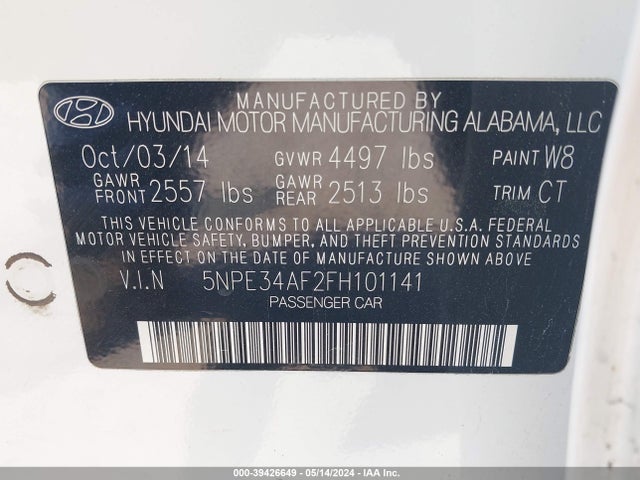 Hyundai Sonata Limited 2015 5NPE34AF2FH101141 Image 9