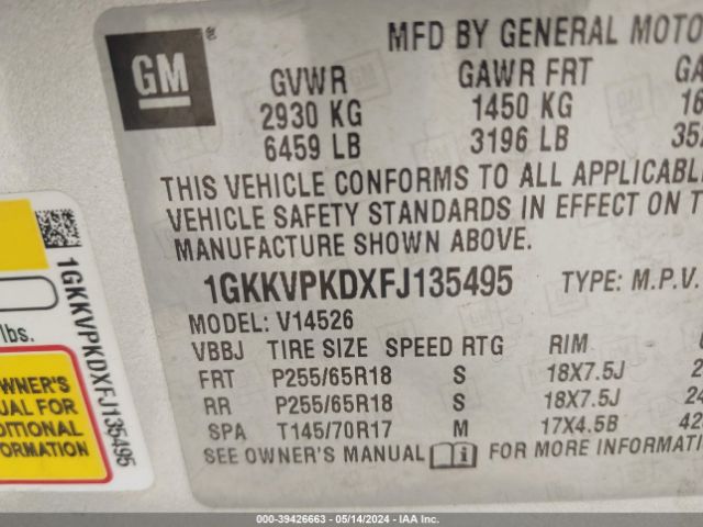 1GKKVPKDXFJ135495 GMC Acadia Sle-2