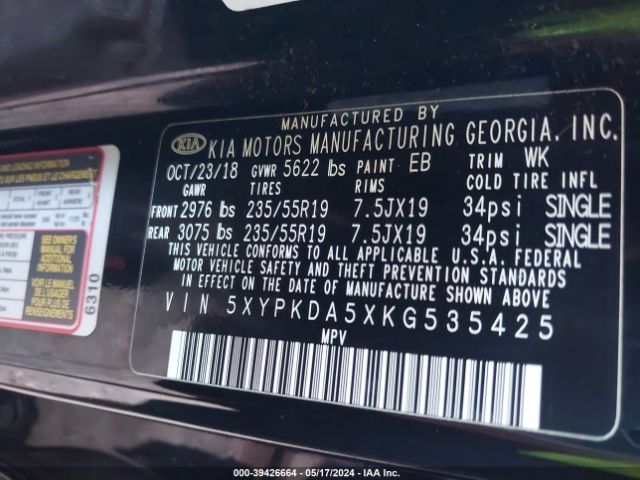 5XYPKDA5XKG535425 KIA Sorento 3.3l Sxl