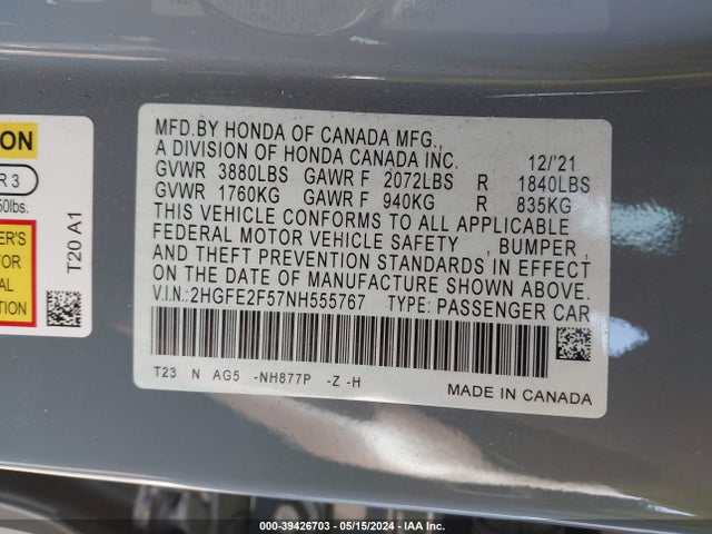 Honda Civic Sport 2022 2HGFE2F57NH555767 Image 9